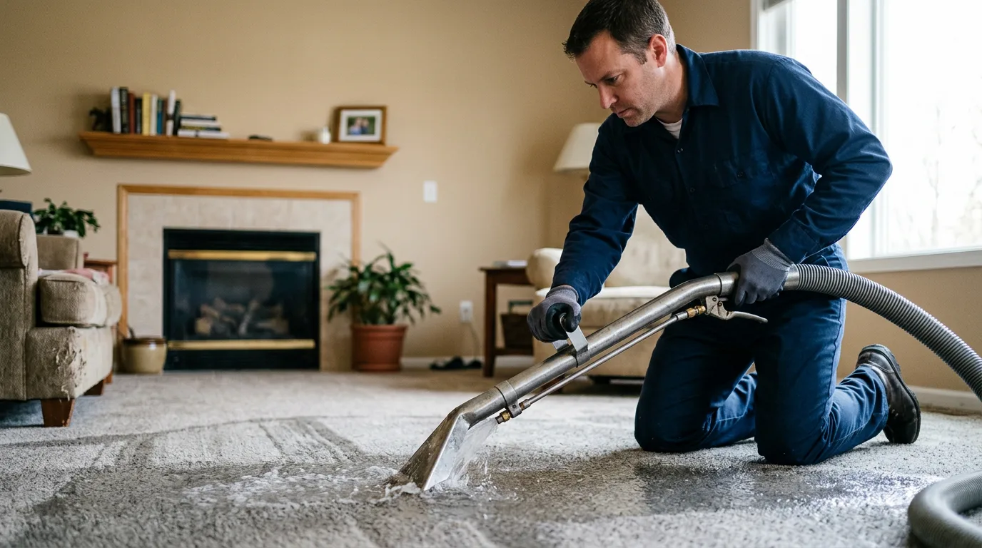 Water damage restoration technician working near Remus, MI